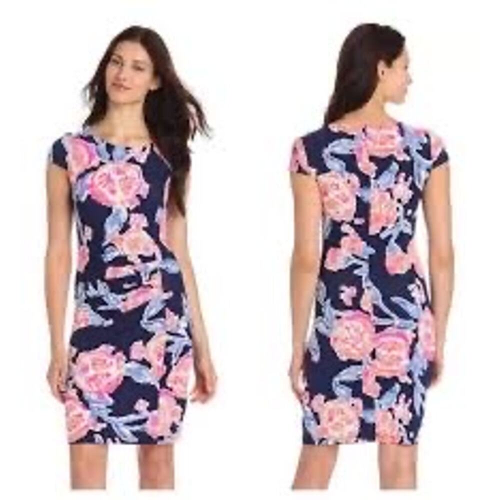 Lilly Pulitzer Kyra Midi Dress Navy Floral Cap Sleeve Ruched Size Small